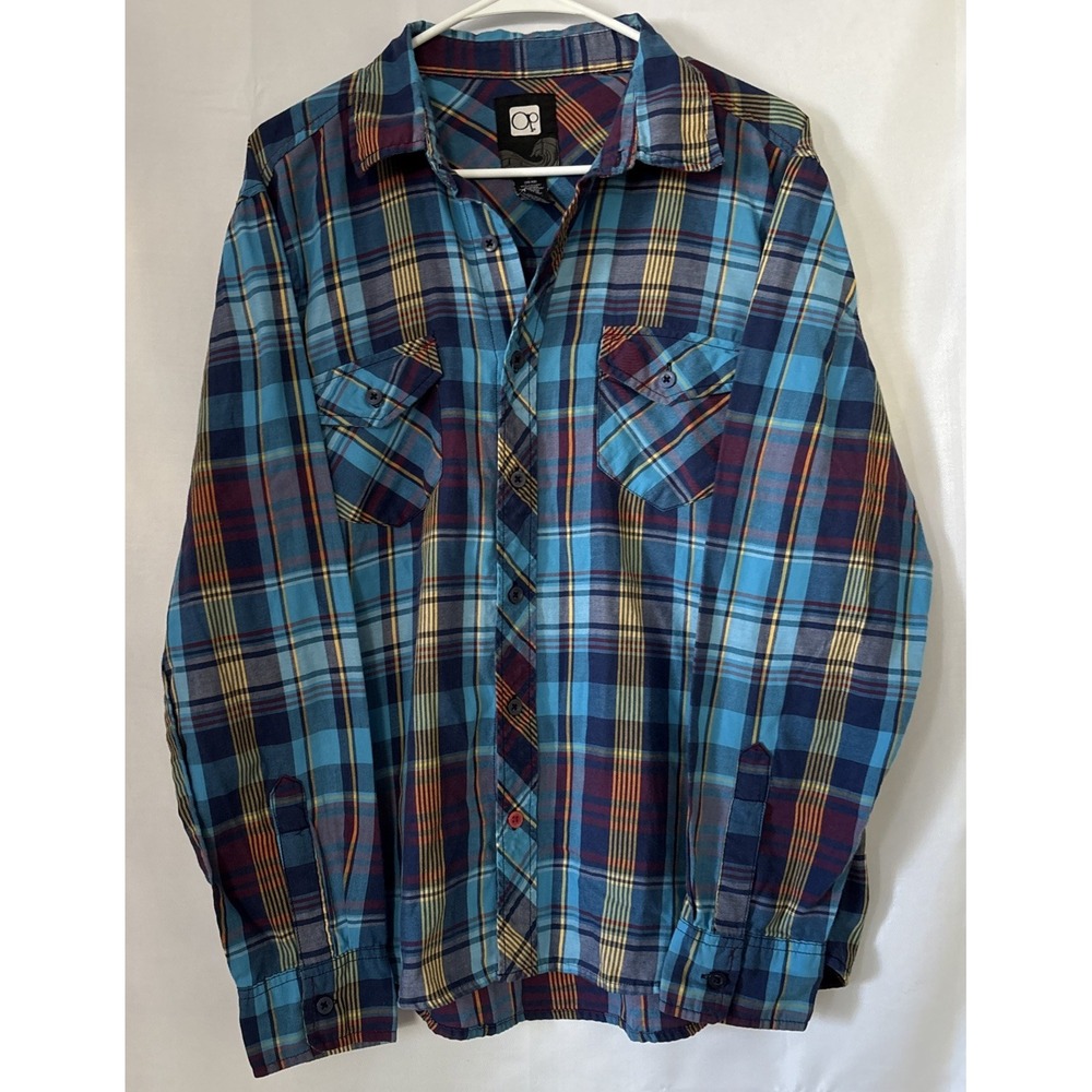OP Ocean Pacific Men's Long Sleeve Shirt Turquoise Blue Plaid M Casual Y2K